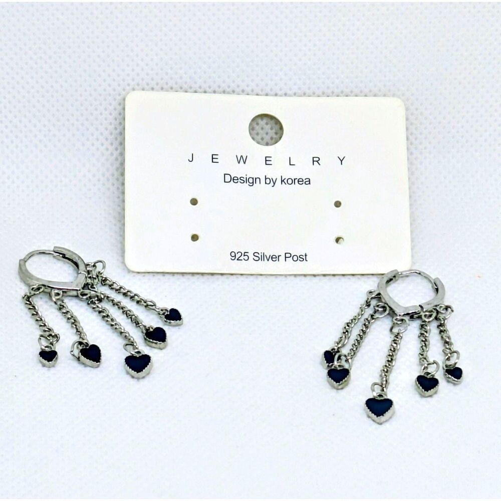 New Huggie/Hoop Dangle Black Heart Tassel Drop Earrings 925 Sterling Silver Post